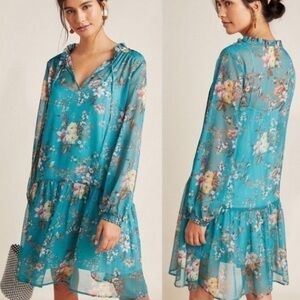 Maeve Emmy Teal Floral Tunic Green Anthropologie Long Sleeve Mini Dress XS